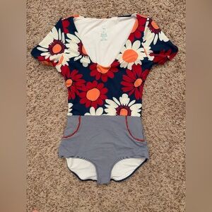 Seea Floral and Striped One-Piece Swimsuit- short sleeves cap sleeve